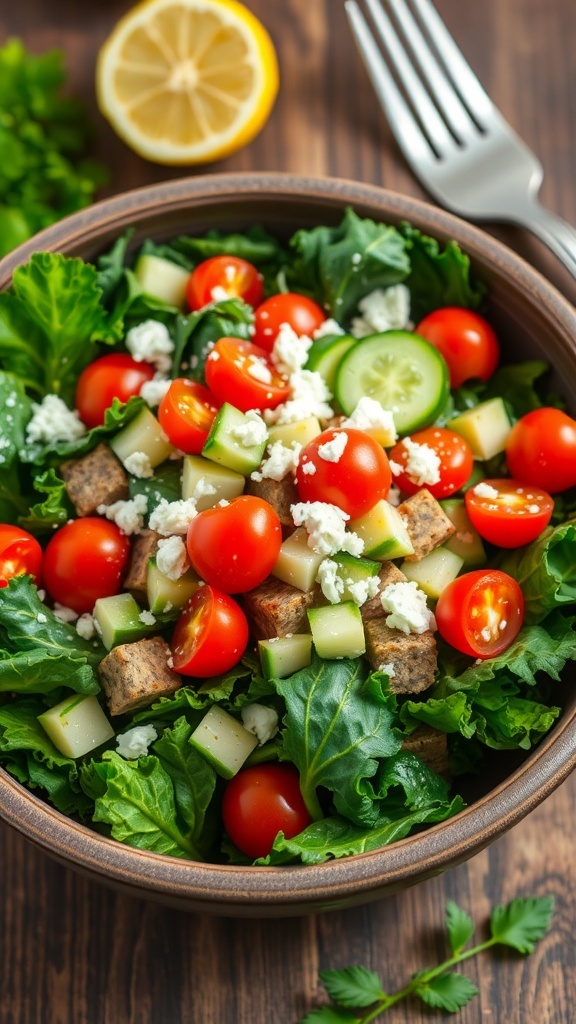 A colorful kale tuna salad with cherry tomatoes, cucumber, and feta cheese on a wooden table.